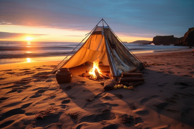 Tent opgezet op een zandstrand met kampvuur