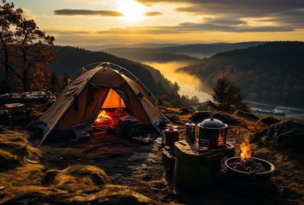 A tent perched atop a majestic mountain peak A tent set up on top of a mountain