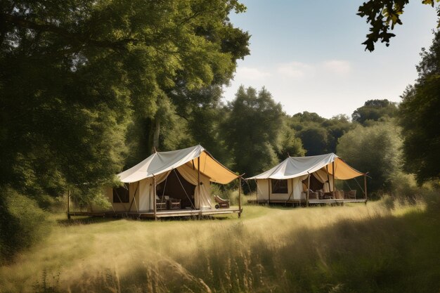 Tent reizen bos vakantie licht glamping canvas camping natuur luxe Generatieve AI