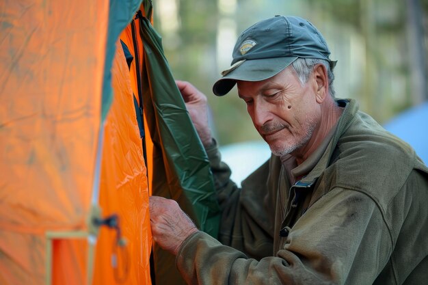 A tent repairman fixing a torn camping tent illustrating tent repair capabilities