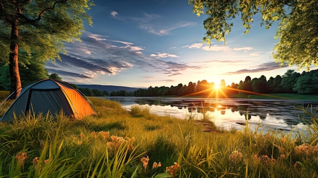 Tent Set Up on Lake Bank A Serene Camping Spot for Nature Lovers Hiking and outdoor recreation