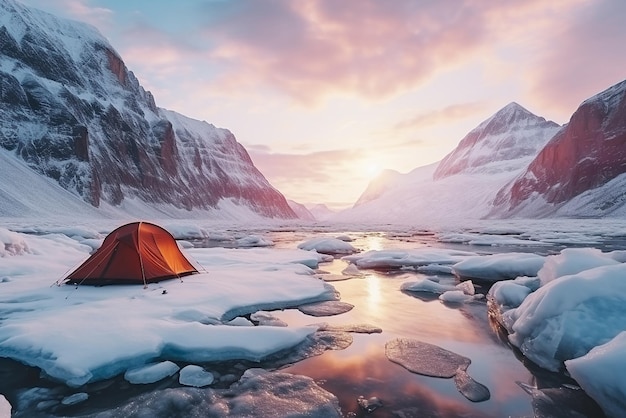 A tent on the shore of a frozen glacial lake