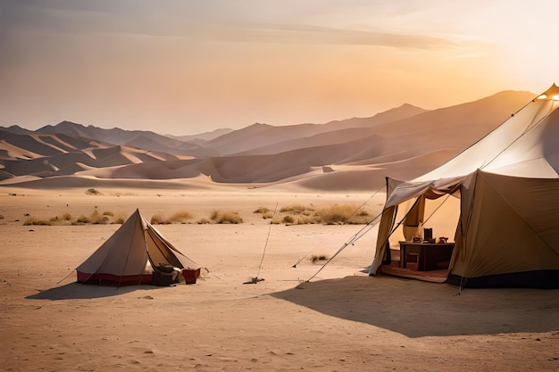 a tent sits in the desert with the sun setting behind it.