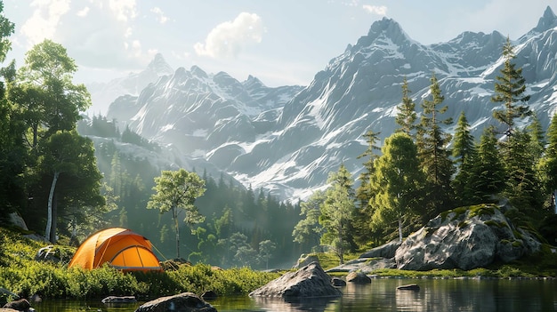 a tent sits on a rocky shore next to a lake