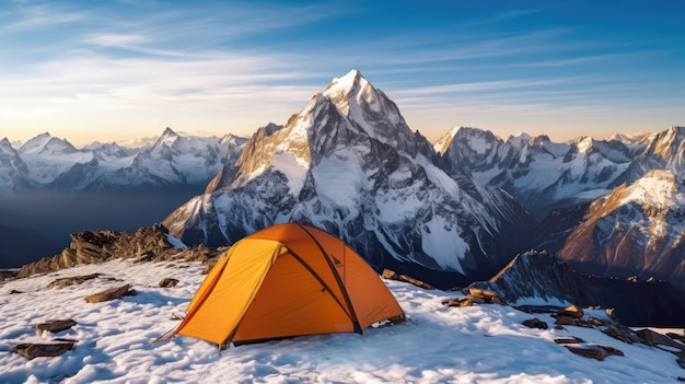 A tent in the snow with the mountains in the background