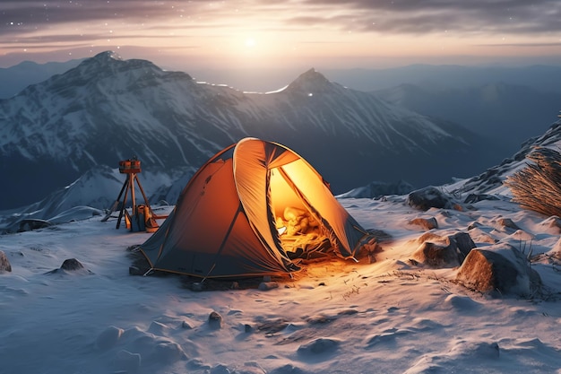 A tent in the snow with the sun setting behind it