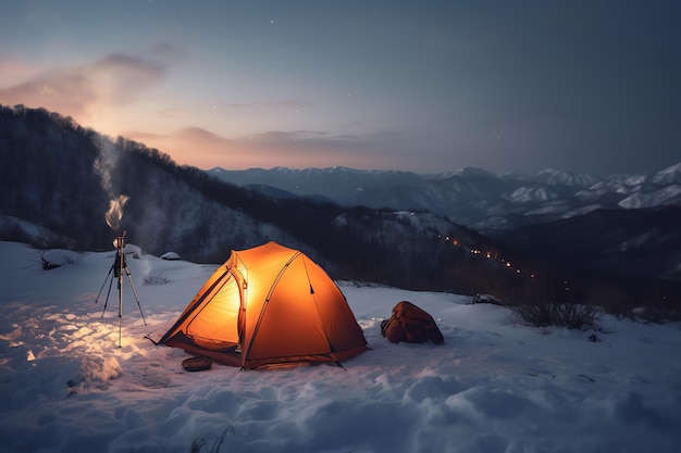 A tent in the snow with a view of the mountains in the background.