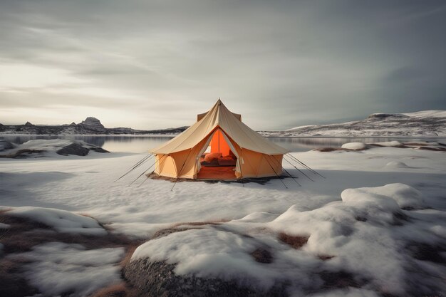 A tent in the snow with the word ice on it