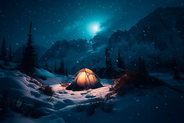 Tent in the snowy forest at night Generative AI