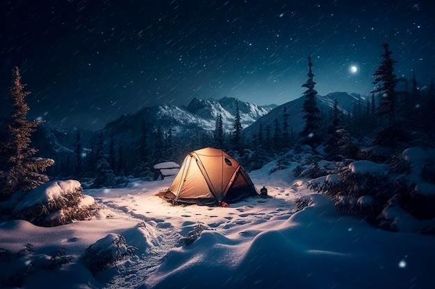 Tent in the snowy forest at night Generative AI