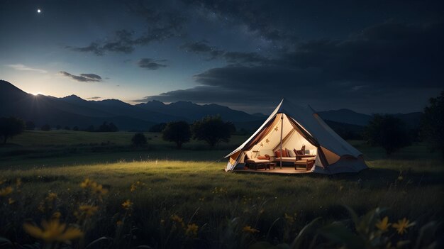 tent in a vast meadow