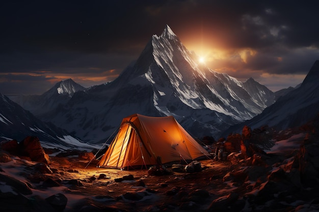 Tent in the wild surrounded by mountains forests and night sky generative ai