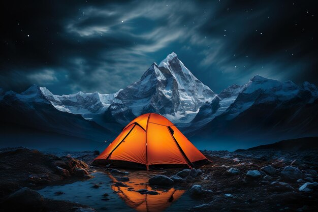 Палатка в дикой природе в окружении гор и ночного неба