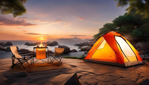 a tent with a campfire on the beach