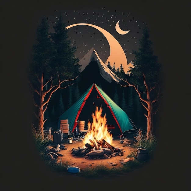 a tent with a campfire and a campfire.