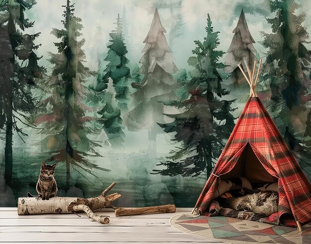 a tent with a cat on the front and a forest behind it