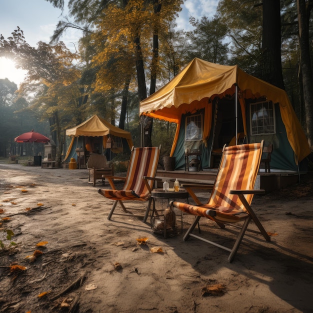 A tent with a chair and a chair in front of it