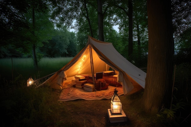 Tent with lantern and book in the evening surrounded by trees created with generative ai