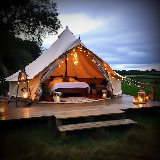 A tent with lights on it and a table with a couple of chairs on it.