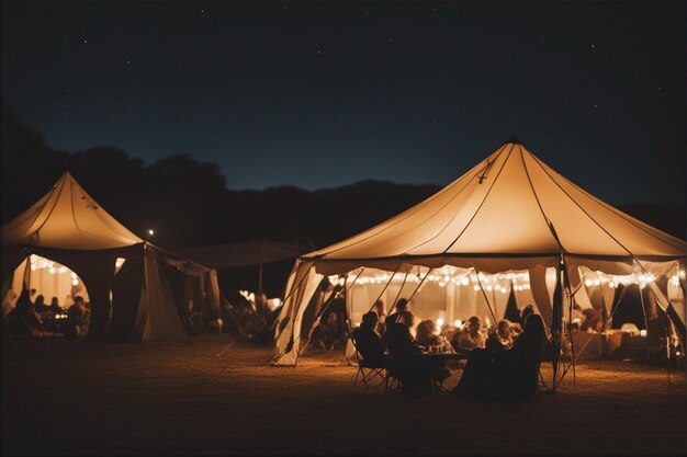 a tent with a lot of people sitting under it