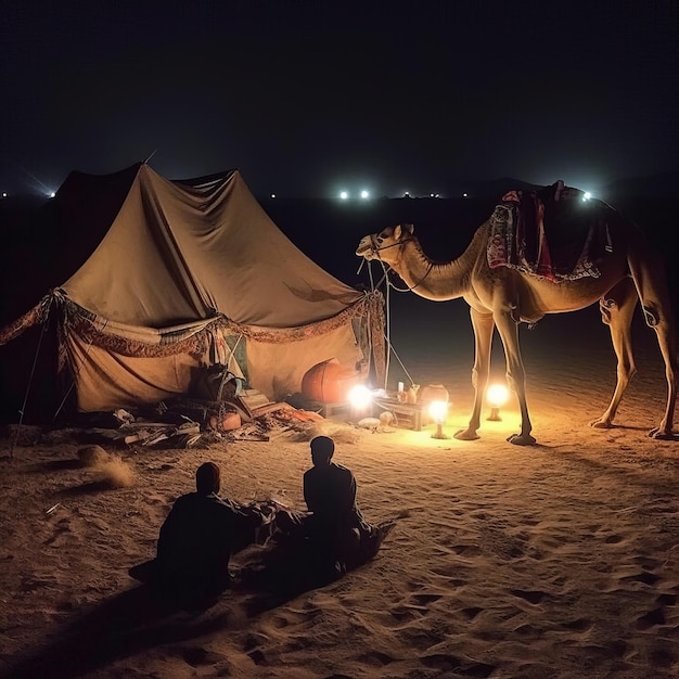 A tent with a man sitting in front of it that says'camels '