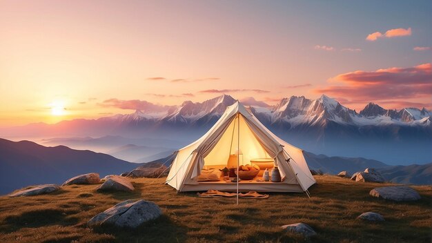 a tent with the name of the mountain range in the background