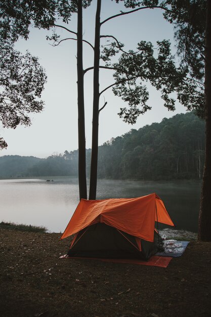 Tent with orange on the waterfront.