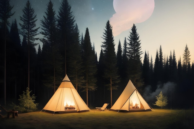 A tent with a pink moon in the background