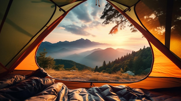 a tent with the sun setting behind it