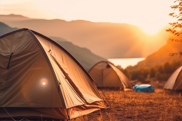 A tent with a sunset in the background