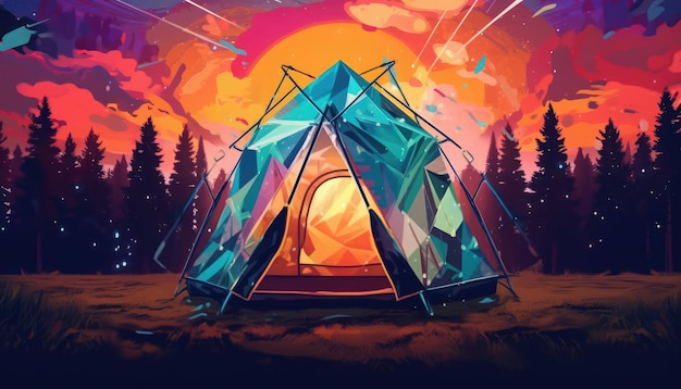 A tent with a sunset in the background