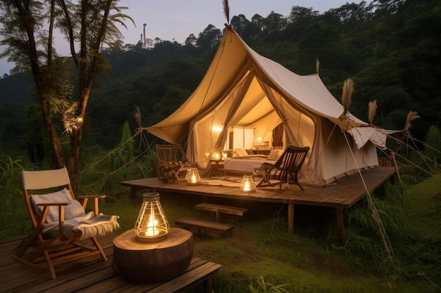 a tent with a view of the forest