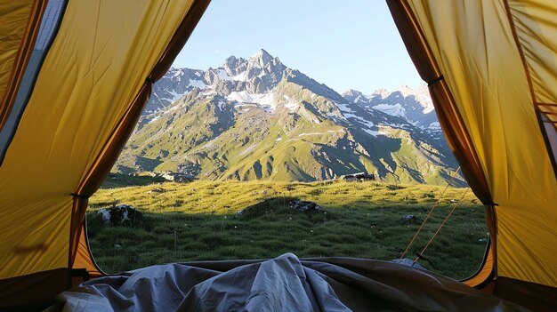 Foto una tenda con vista sulle cime delle montagne