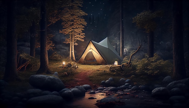 Палатка в лесу под красивой звездной ночью