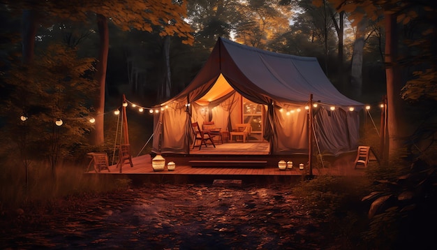 A tent in the woods at night with string lights hanging from the ceiling.