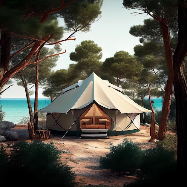 A tent in the woods with a view of the sea.