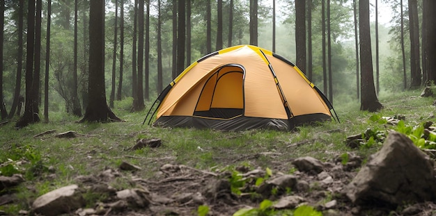 A tent in the woods with the word rain on it
