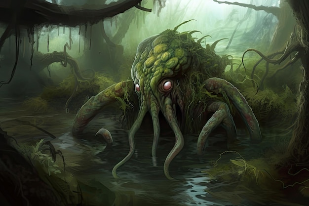 Tentacled monster lurking in murky swamp ready to pounce