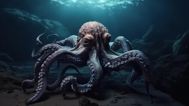 Tentacled octopus swims in tranquil underwater