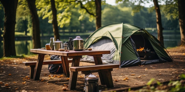 写真 公園内にあるテント付きの宿泊施設と休憩所 屋外でのサマーテントキャンプ tr