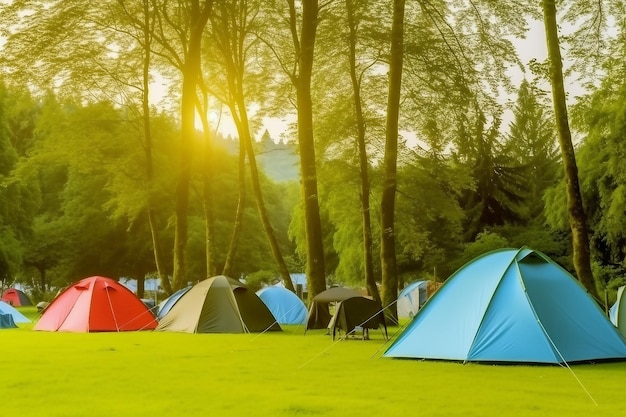 Tenten Kampeerterrein vroeg in de ochtend Panoramisch landschap Natuurgebied met grote bomen en groen gras