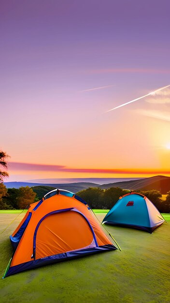 Tenten op een schilderachtige kampeerplaats bij zonsopgang