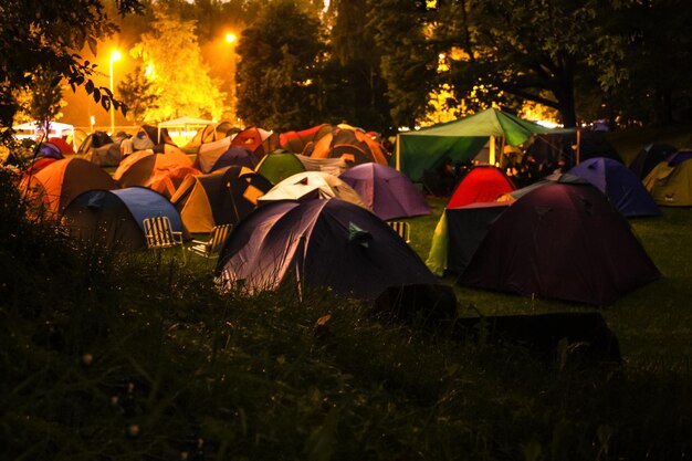 Foto tenten tegen bomen's nachts