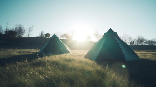 Tents in a field with the sun shining on them