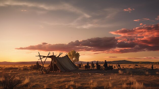 Foto tende in un campo con un tramonto sullo sfondo generativo ai