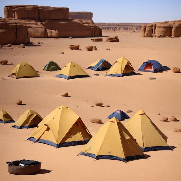 Tents in front of rock at desert camp