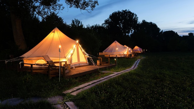 Tents at glamping dusk