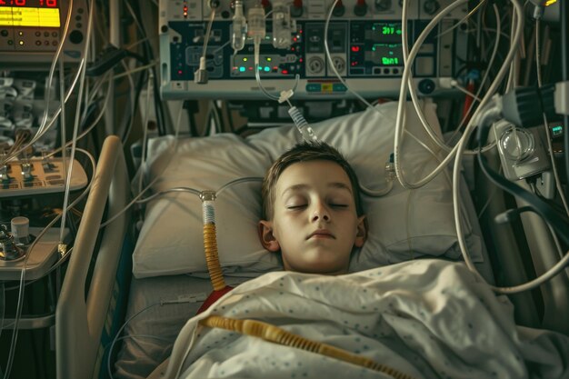 Photo a tenyearold boy lying unconscious on a hospital bed