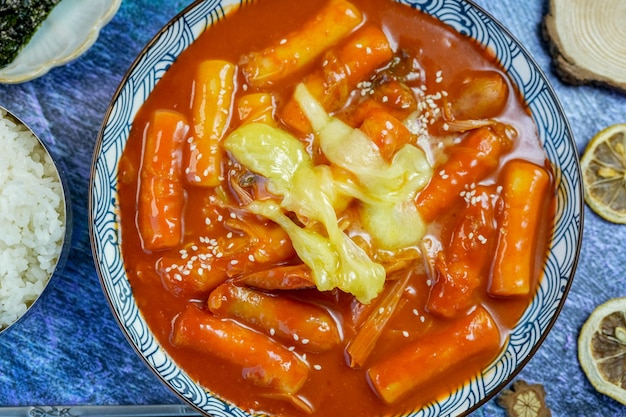 Foto teokbokki con salsa piccante cibo tradizionale coreano o torta di riso piccante con formaggio