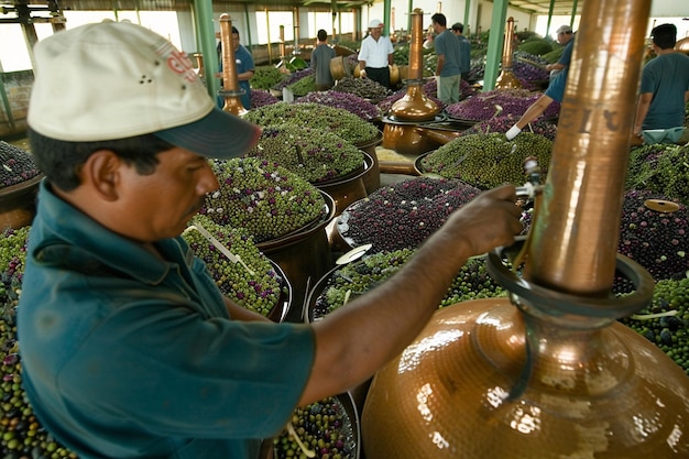 Tequila being distilled in traditional copper stills